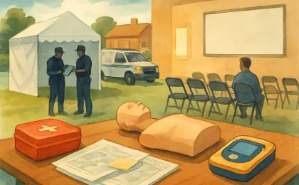 Illustration of community emergency planning and training activities with an operations tent, preparedness supplies, and planning materials for disaster response.