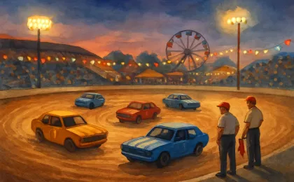 Illustrated demolition derby action inside a county fair arena with cars on a dirt figure-8 track and a crowd watching.