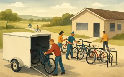 An editorial illustration showing a rural transfer station where bicycles are sorted for a county recycling/donation program, with a small trailer ready for pickup.