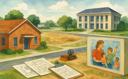 Illustration of a local civic area and open lot beside a library setting, with planning materials suggesting a day care project moving forward.