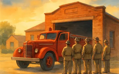 Vintage fire truck with five firefighters standing near it, illustrating community service in a small-town setting