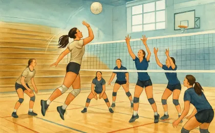 Illustration of a high school volleyball match in a local gym with players preparing to serve and spectators in the background.