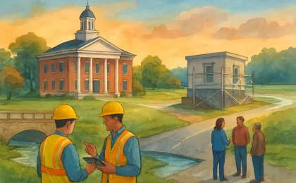 Scene of county infrastructure repairs and community discussion about drainage and road flooding near government buildings in Kansas.