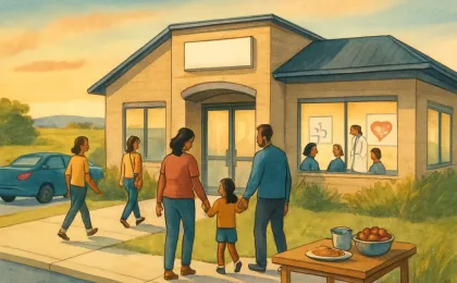 Families gather for a welcoming rural health clinic open house at an evening community facility.