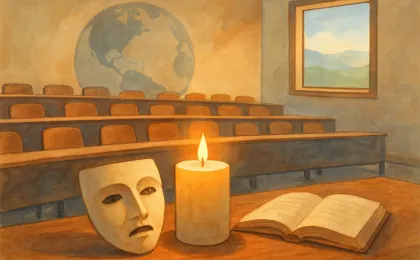 Illustration of a university lecture setting with an open book, globe motif, and theater symbols, suggesting a memorial and fine arts scholarship.