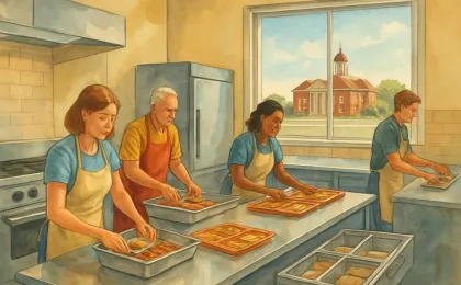 A community kitchen scene with restored appliances and volunteers preparing meals for seniors.