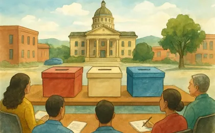 Illustration of a Kansas town community room with ballot boxes and civic participation for local election outcomes.