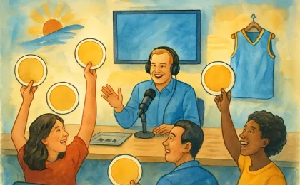 Illustration of a radio-studio setting with cheering fans, scratch-ticket cards, a jersey, and a TV