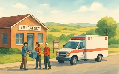 Illustration of a rural community with an emergency clinic and ambulance preparing to respond, surrounded by farmland and community volunteers.