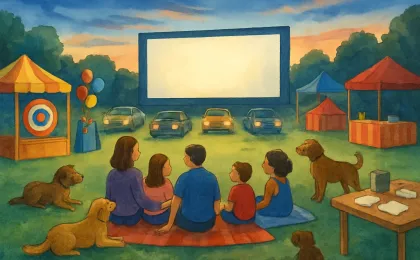 Families and dogs gather at a drive-in movie with carnival-style activity booths under a night sky.