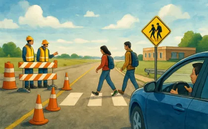 Illustration of a driver passing a construction area and a school crosswalk with workers, pedestrians, and safety barriers indicating reduced distraction and careful driving.
