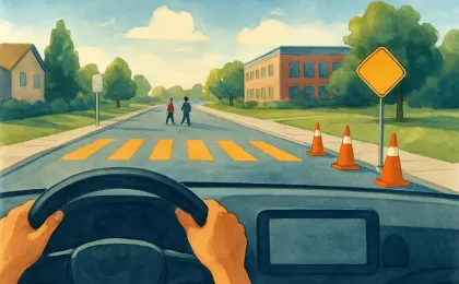 Illustration showing hands-off-phone driving in an active school-zone area near a school crosswalk.