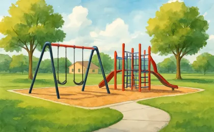 Illustration of a fresh community playground with swings and climbing equipment along a walk path and trees nearby.