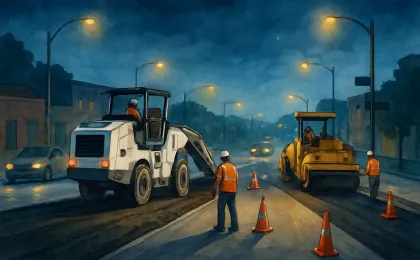 Illustration of a nighttime road resurfacing work zone near a city intersection, with paving equipment, cones, and slowed traffic.