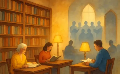 Cozy illustration of a public library reading space with gentle, welcoming community activity and warm lighting