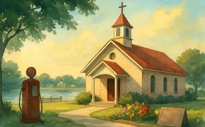 Illustration of a Kansas church and lakeside neighborhood elements with vintage-inspired collectibles to honor a local resident’s life.