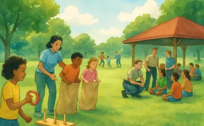 Outdoor community camp with children, volunteers, and first responders leading activities under a canopy in a park setting