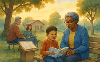 A family-friendly outdoor scene showing children reading picture books at a park in Overland Park.