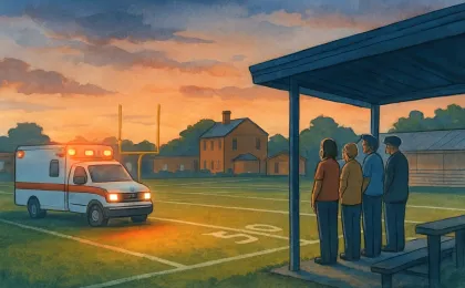 Illustration of a football practice field at dusk with emergency responders nearby and community members gathered in a supportive setting.