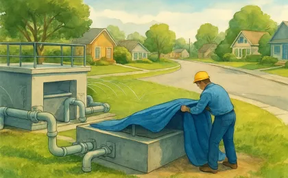 Illustration of a water treatment facility with reduced flow, showing outdoor sprinklers turned off in a neighborhood during an emergency water supply situation.