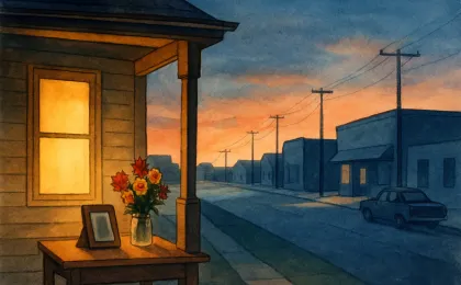 A calm Kansas town scene with a bouquet and a framed photo representing community remembrance.