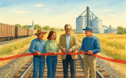 Rural rail yard near a Kansas community with farmers and local residents gathered for a ribbon-cutting over tracks beside a port facility.