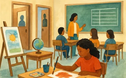 Art-themed elementary classroom scene showing a new art teacher workspace and students preparing learning materials in a school hallway.