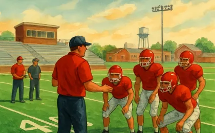 An illustrated football field with new turf and a sideline coaching team preparing for practice.