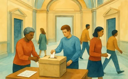 Neutral illustration of a statehouse hallway with community members moving toward a ballot box as November approaches