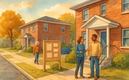 Illustration of a welcoming six-unit housing complex exterior in a Kansas city neighborhood with a community conversation and accessible entry features.