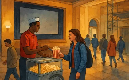 Popcorn being served in a renovated campus theater lobby as students prepare to leave after a short movie night.