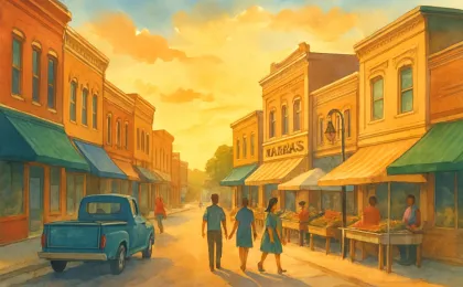 Illustration of a welcoming historic downtown street with local shops and shoppers walking beside outdoor market stalls.