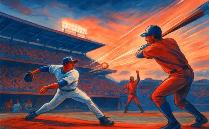 A dramatic dusk baseball scene with a pitcher mid-throw and a batter swinging as teammates in the dugout react, conveying a winning streak.