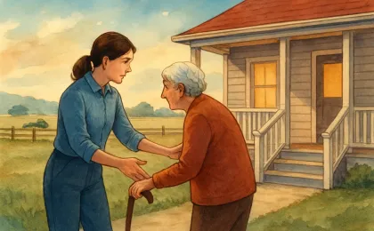 Warm rural Kansas home scene showing supportive assistance for senior care.