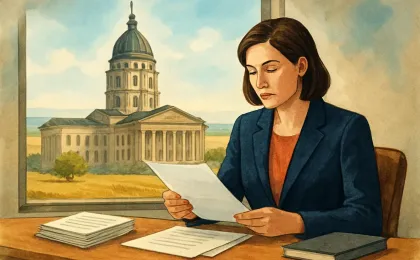Illustration of a government office setting with a leader reviewing paperwork in front of a capitol-like building silhouette, representing a leadership change at a revenue agency.