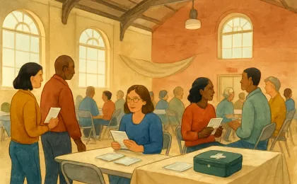 A warm community meeting scene inside an armory hall where veterans and families meet volunteers to connect with support resources.