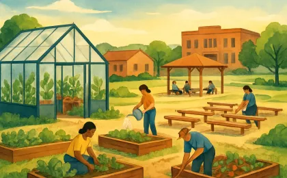 A warm, daytime illustration showing a rural community garden greenhouse and neighbors working together near civic buildings.