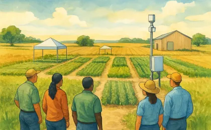 Illustration of a summer sorghum field demonstration with researchers and attendees near crop plots and field equipment in rural Western Kansas.