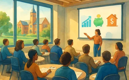 Illustration of a welcoming conference workshop in a modern university hall with attendees learning about personal finance from an organizer.