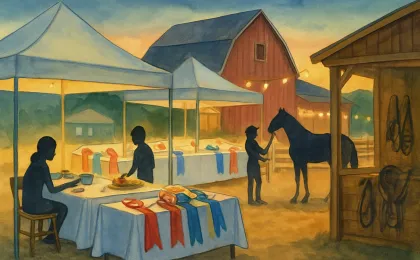 County fair scene with judging tents, craft and sewing supplies, and an adjacent horse exhibit area.
