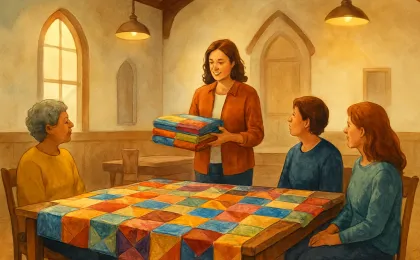 A warm community meeting scene with quilting fabrics laid out and a presenter showing patterned textiles to attendees.