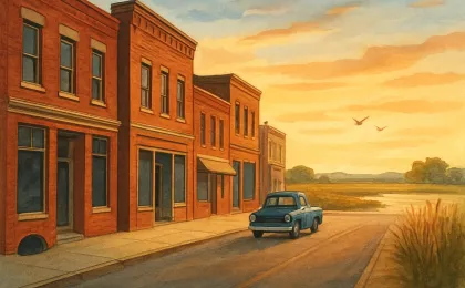 Brick downtown street with a subtle hint of underground passages and a scenic wetlands-and-grasslands landscape in the distance.