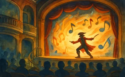 Warmly lit theater stage with abstract musical motion and pirate-themed energy