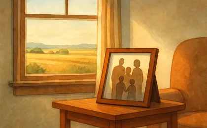 Warm interior scene symbolizing remembrance for a Topeka resident, with framed photos and gentle light.