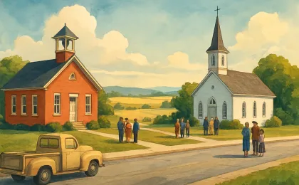 Illustration of a small Kansas town with a countryside schoolhouse, a simple church, and community members gathered outdoors in a respectful moment.