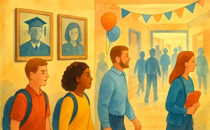 Illustration of a school hallway with commemorative plaques honoring educators, with community members moving through the space.
