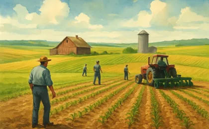 Workers prepare field equipment in dry, sunlit Kansas farmland with mixed crop rows and a barn in the distance.