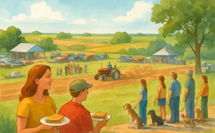 People gather at an outdoor fair for tractor pulls, homemade pie, and a pet parade in a rural Kansas setting.