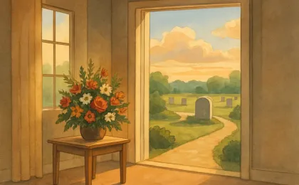 Floral arrangements and warm light outside a funeral home with a garden path leading toward a quiet cemetery area