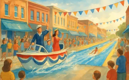 A downtown parade scene during a water festival with a mock boat float and a giant slip-n-slide in the background